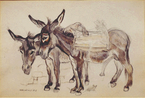 Ludwig Heinrich Jungnickel, Zwei Esel und eine Maus, Kohle und Aquarell auf Papier, Bildausschnitt abgebildet: http://kultur.orf.at/000912-4143/4144txt_story.html